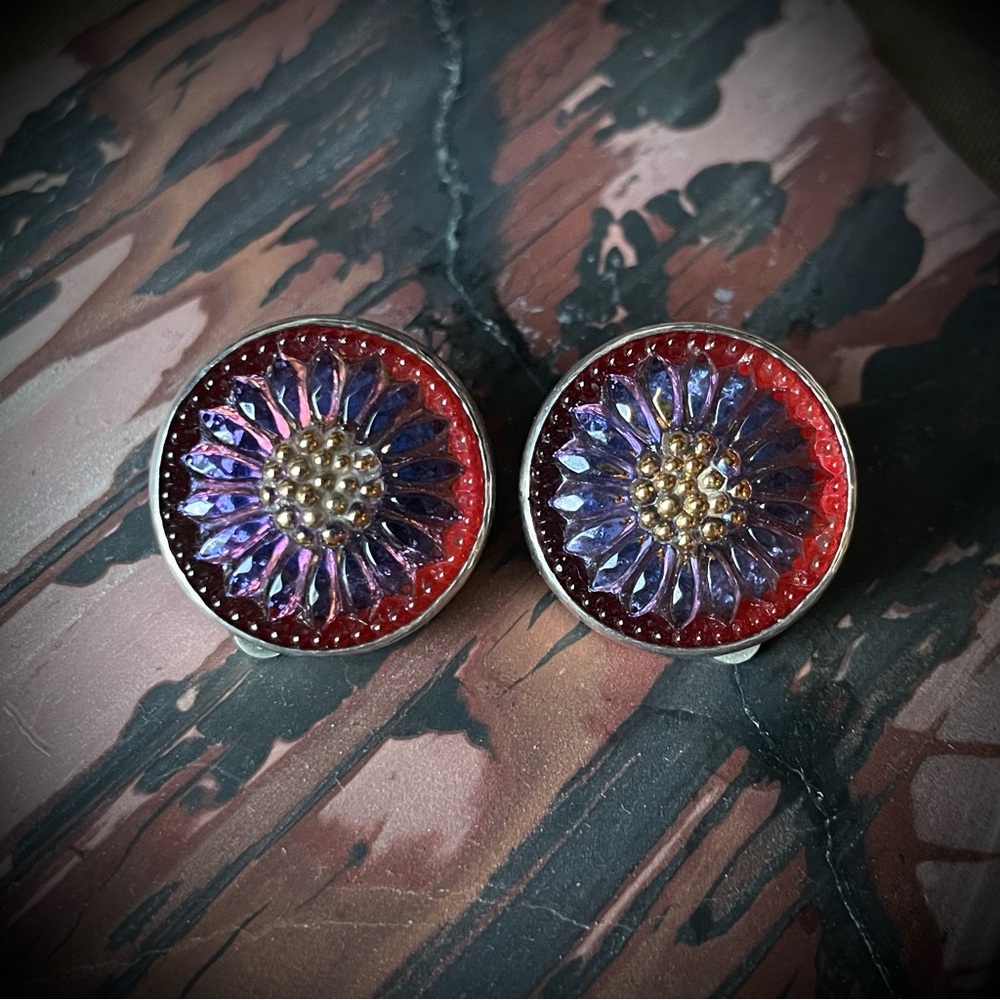 Czech Glass Button Sterling Silver AKR clip earrings